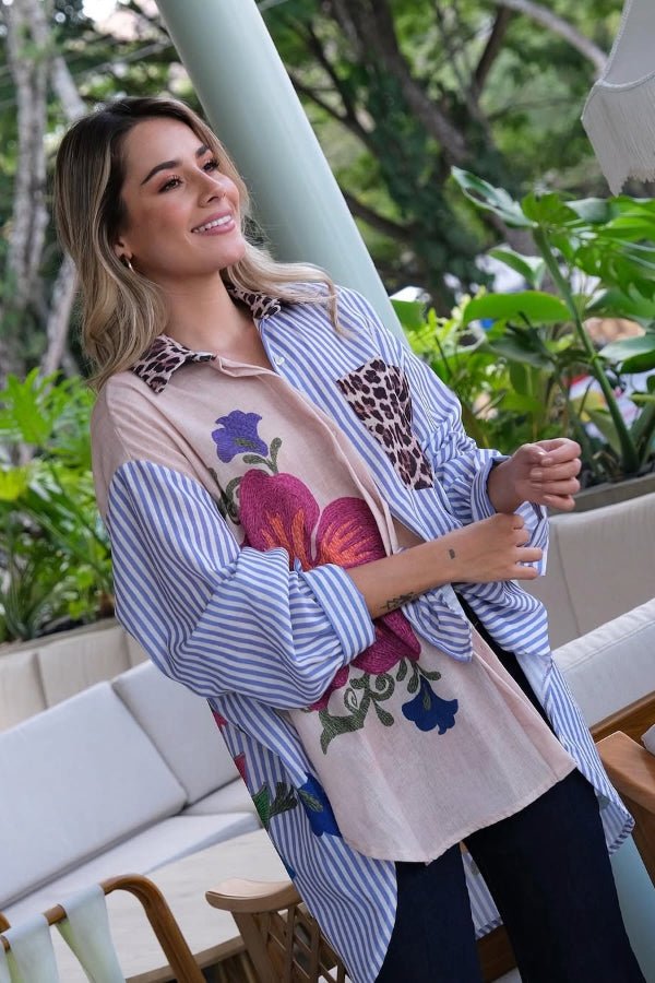 Peacock and Floral Printed Oversized Shirt Dress - Navvi.in