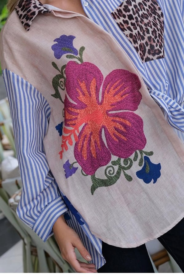 Peacock and Floral Printed Oversized Shirt Dress - Navvi.in