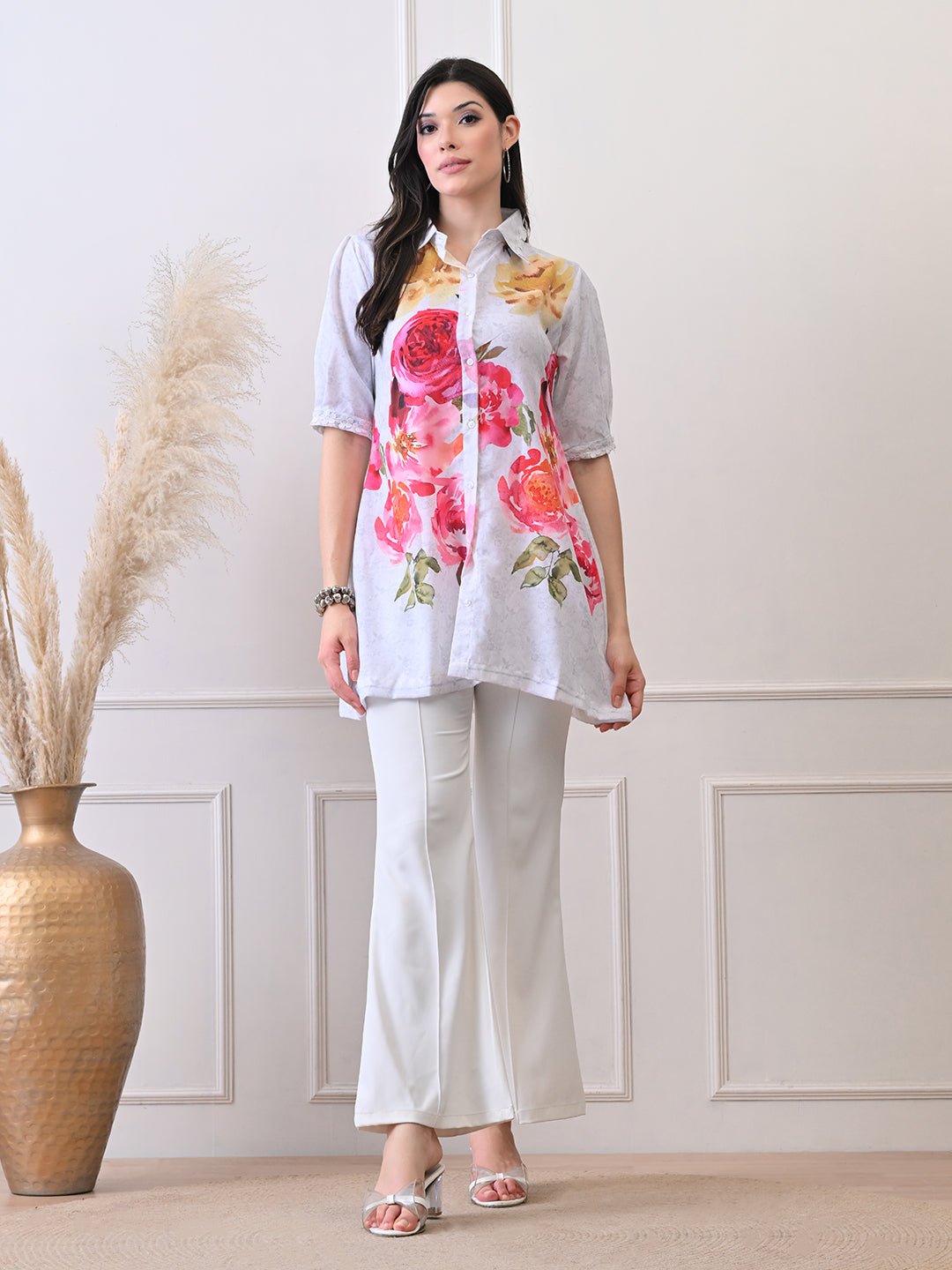Petal Glow White Shirt in Pure Cotton Mulmul - Navvi.in