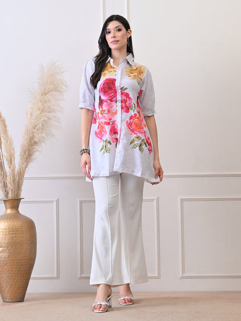 Petal Glow White Shirt in Pure Cotton Mulmul - Navvi.in