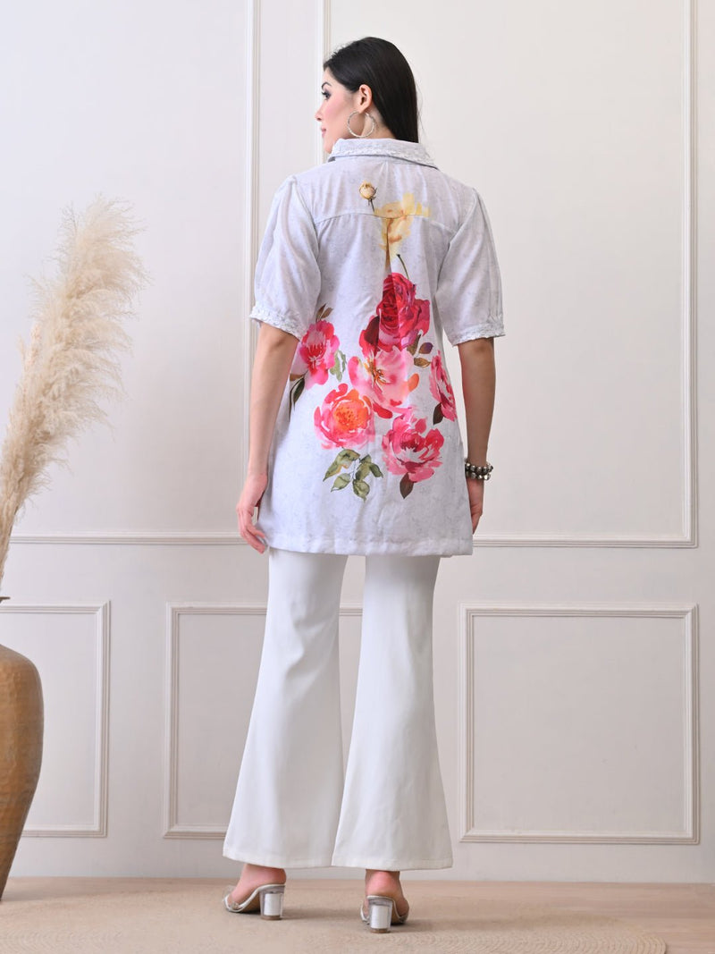 Petal Glow White Shirt in Pure Cotton Mulmul - Navvi.in