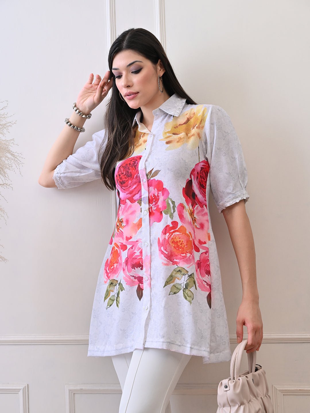 Petal Glow White Shirt in Pure Cotton Mulmul - Navvi.in