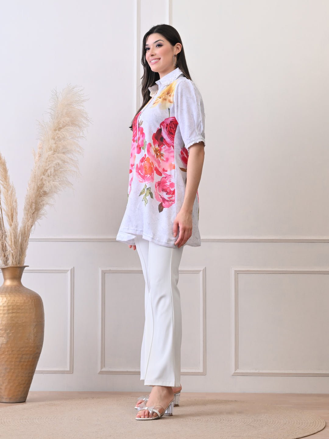 Petal Glow White Shirt in Pure Cotton Mulmul - Navvi.in