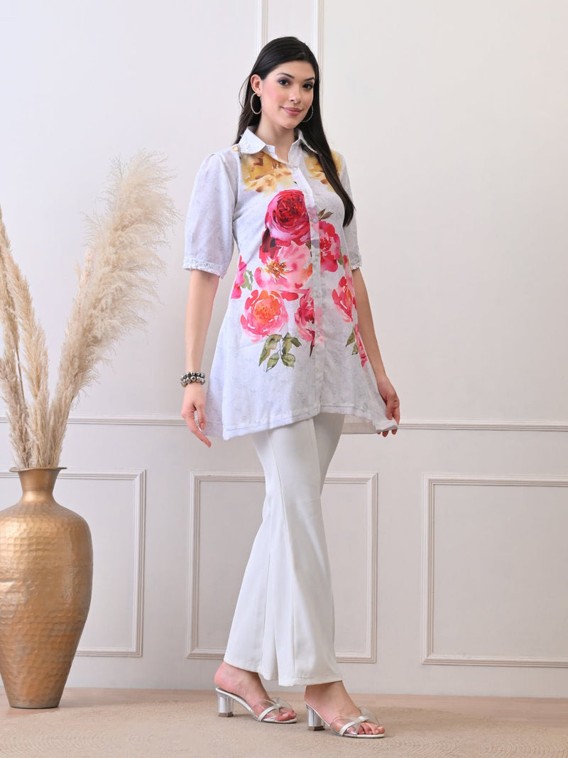 Petal Glow White Shirt in Pure Cotton Mulmul - Navvi.in