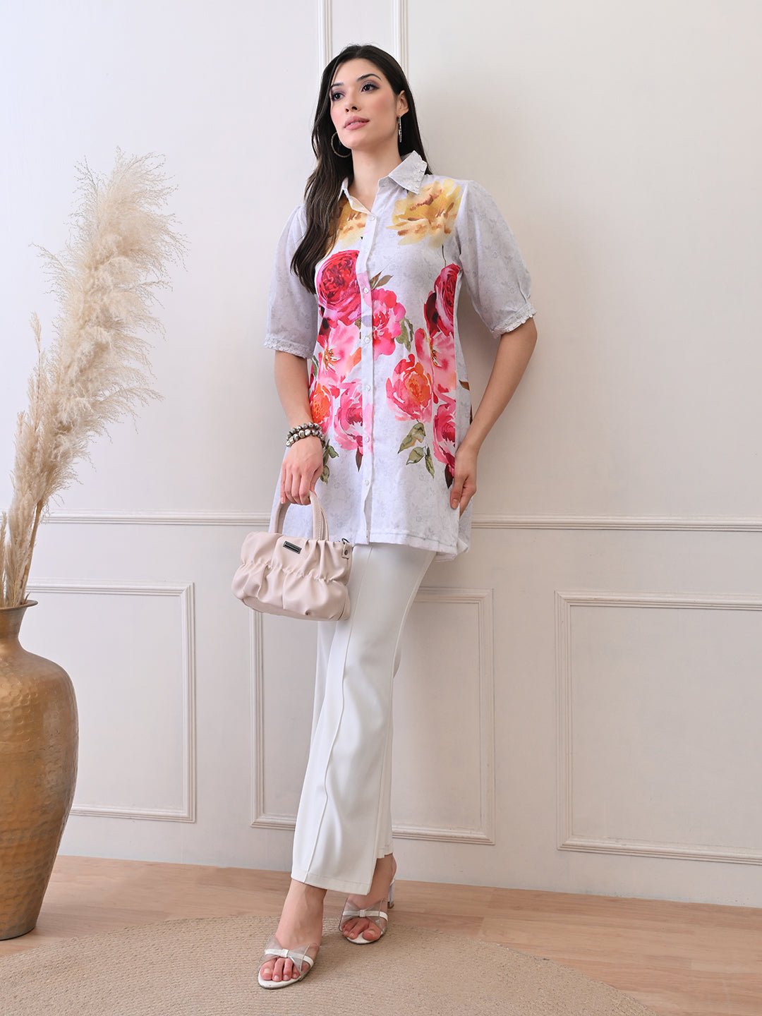 Petal Glow White Shirt in Pure Cotton Mulmul - Navvi.in