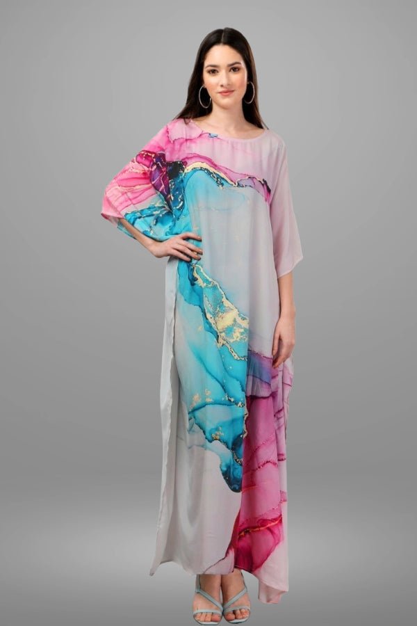 Pink and Turquoise Watercolour Print Kaftan - Navvi.in