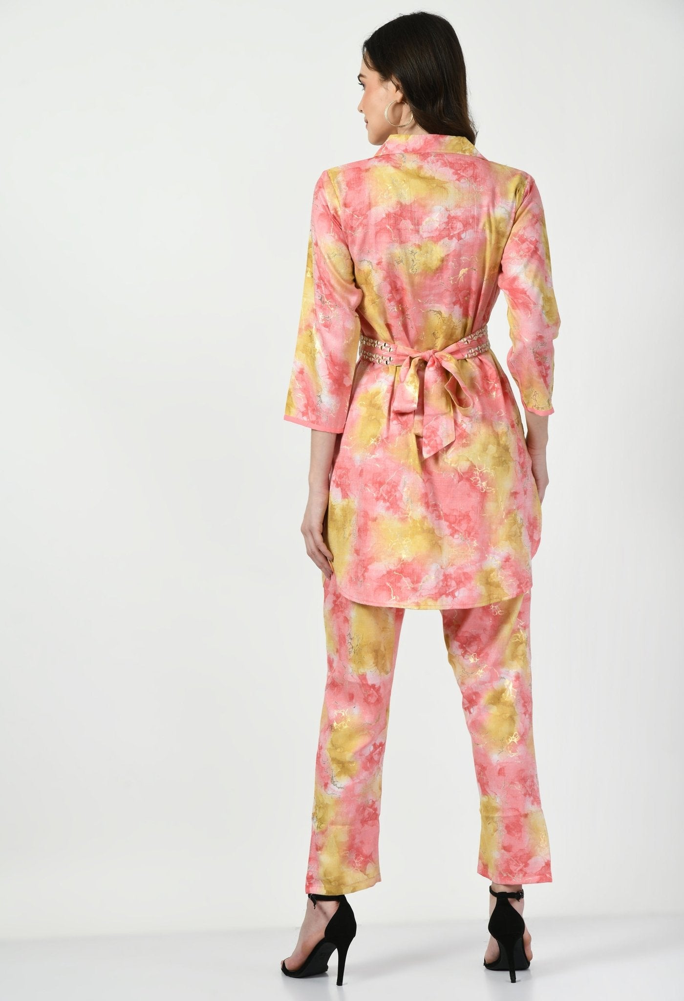 Pink Yellow Co - ord Set with Embellished Belt - Navvi.in