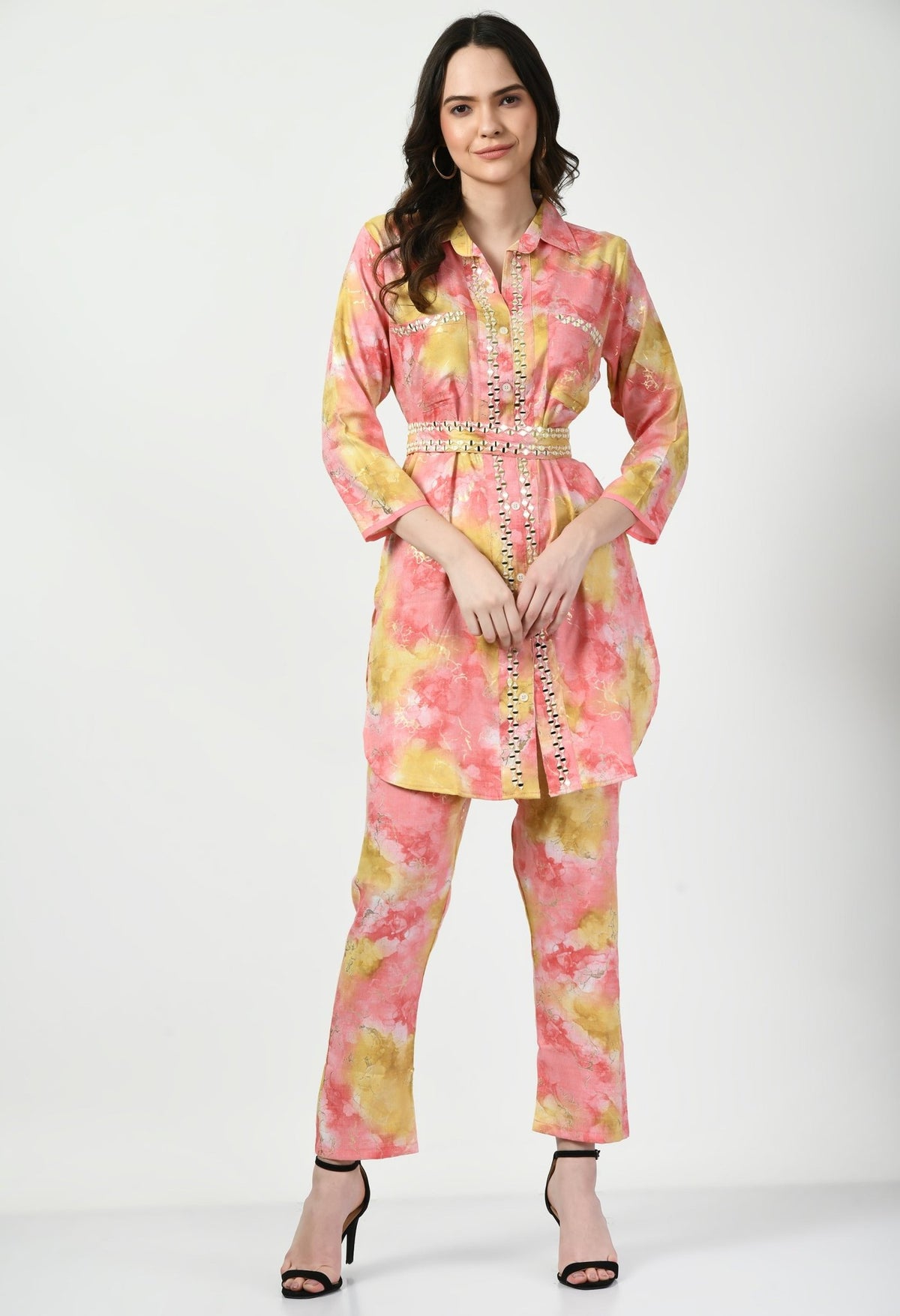 Pink Yellow Co - ord Set with Embellished Belt - Navvi.in
