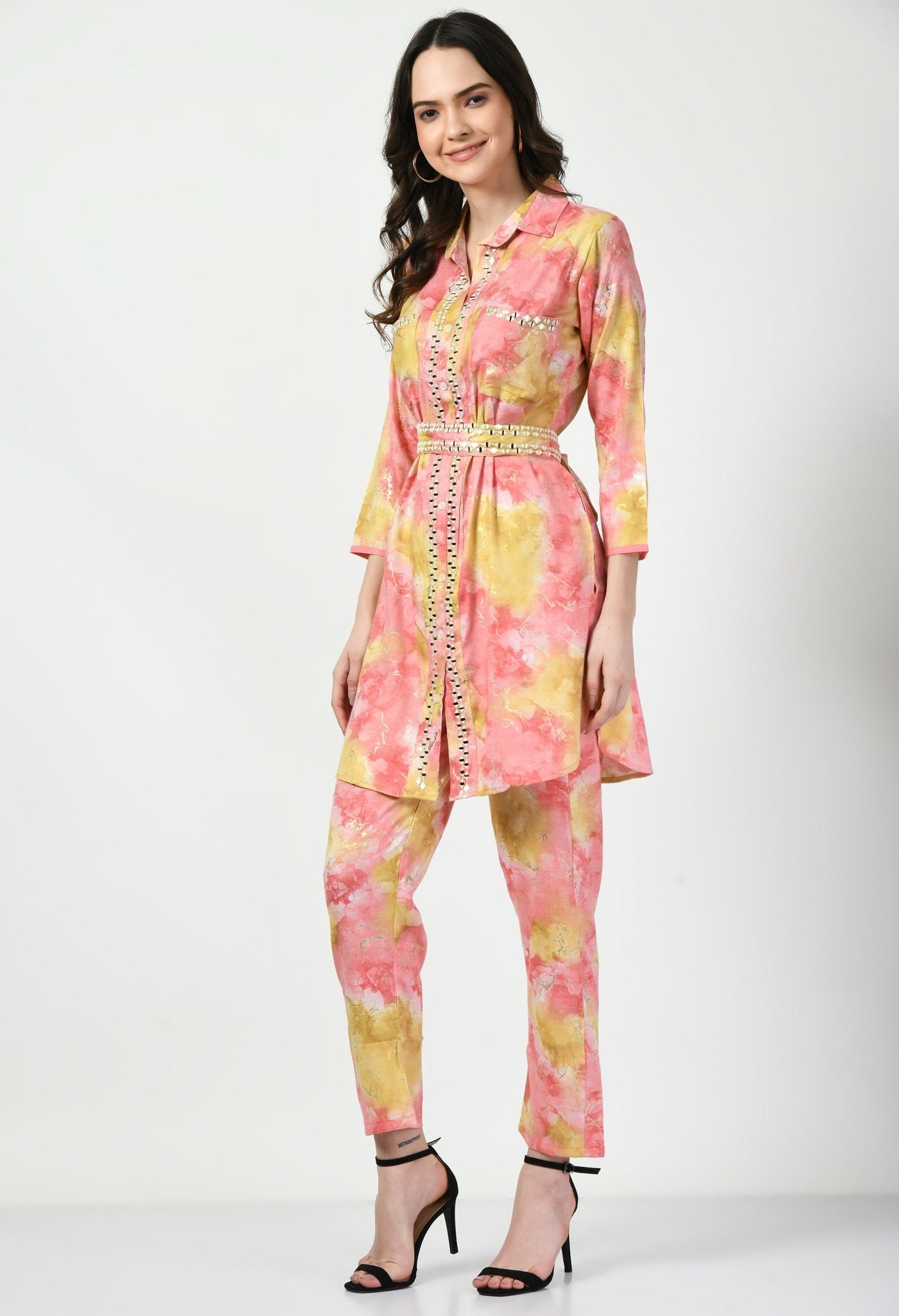 Pink Yellow Co - ord Set with Embellished Belt - Navvi.in