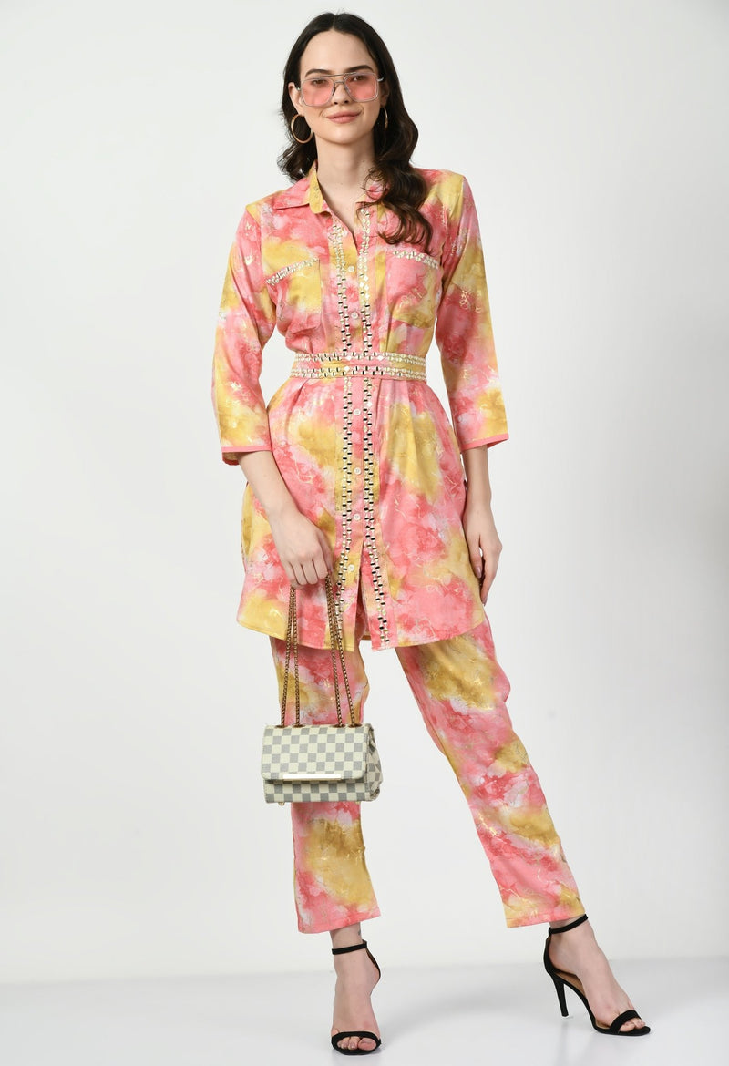 Pink Yellow Co - ord Set with Embellished Belt - Navvi.in