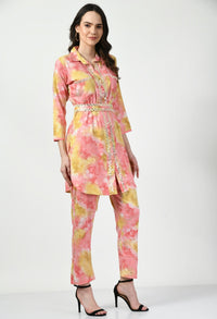 Pink Yellow Co - ord Set with Embellished Belt - Navvi.in