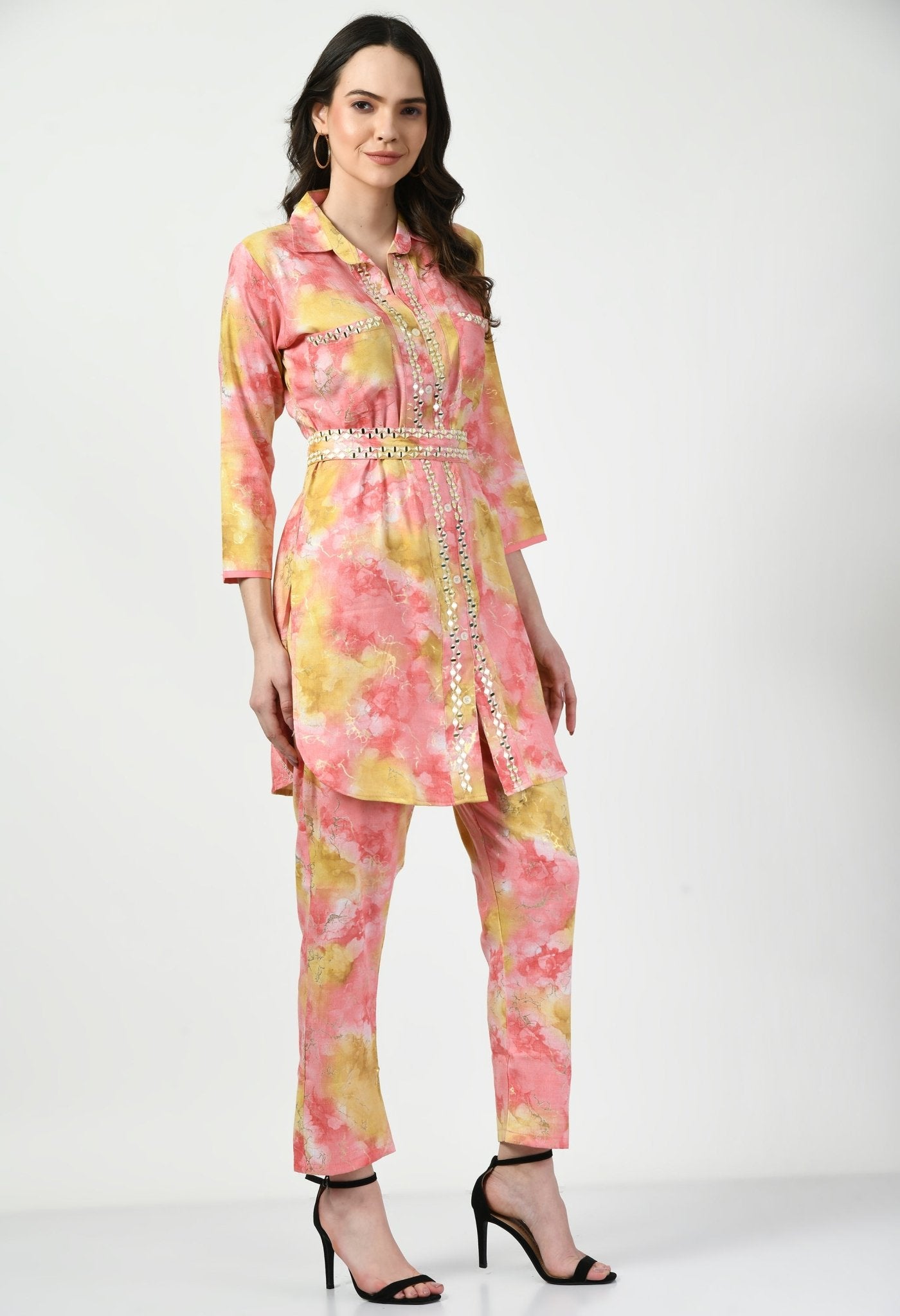 Pink Yellow Co - ord Set with Embellished Belt - Navvi.in