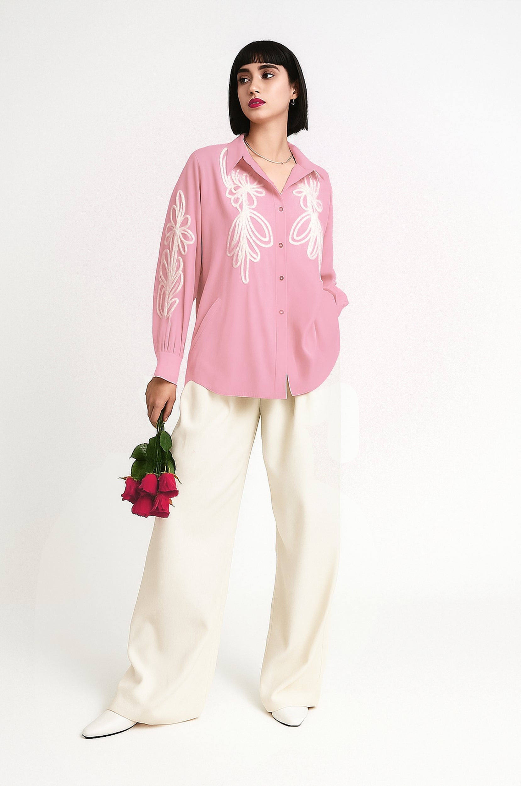 Pink Aura – Chic Embroidered Shirt