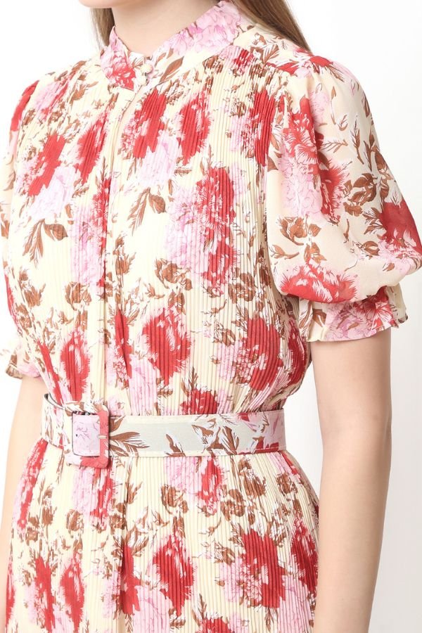 Pleated Pink Floral Dress - Navvi.in