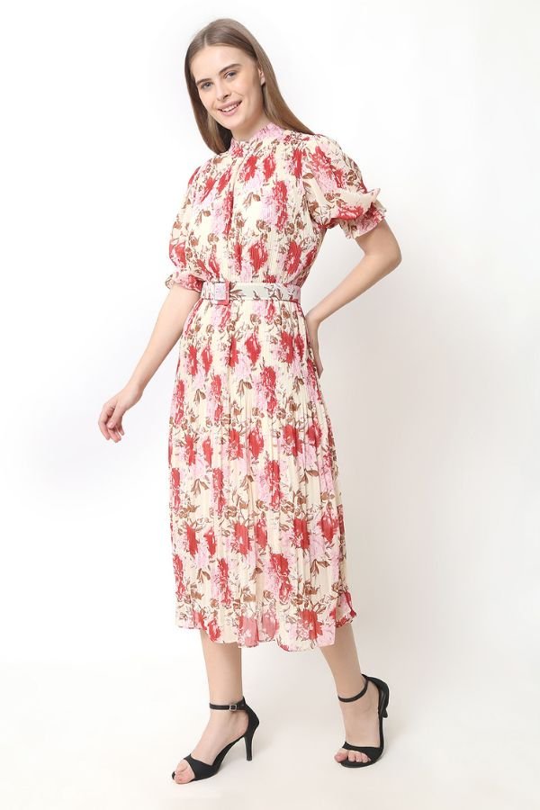 Pleated Pink Floral Dress - Navvi.in