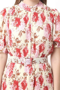 Pleated Pink Floral Dress - Navvi.in