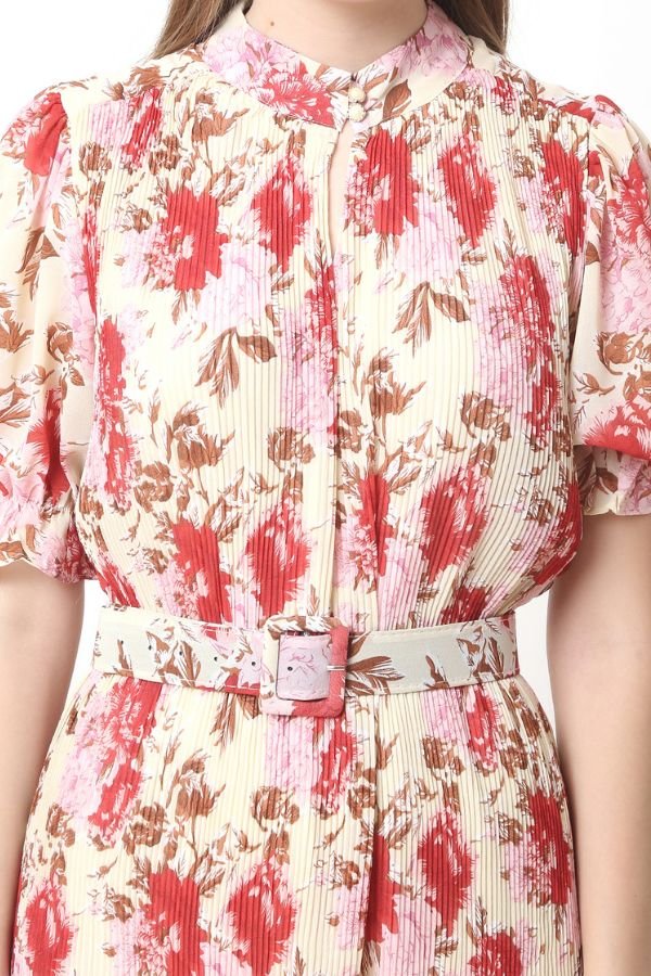 Pleated Pink Floral Dress - Navvi.in