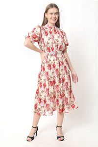 Pleated Pink Floral Dress - Navvi.in