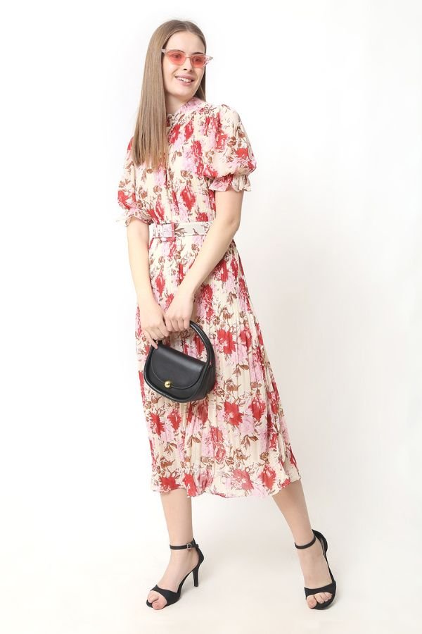 Pleated Pink Floral Dress - Navvi.in