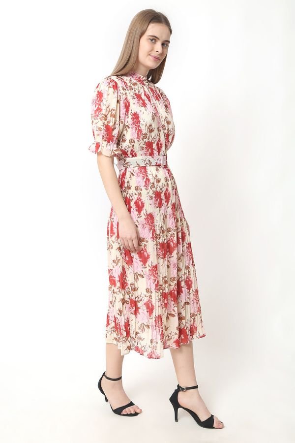 Pleated Pink Floral Dress - Navvi.in