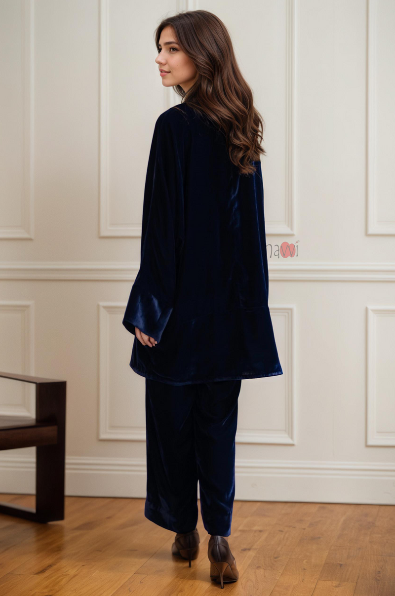 Blue Ice Velvet Kurta Set Winter wear