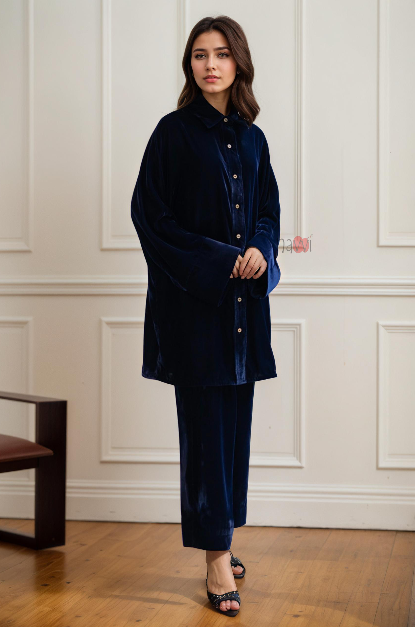 Blue Ice Velvet Kurta Set Winter wear
