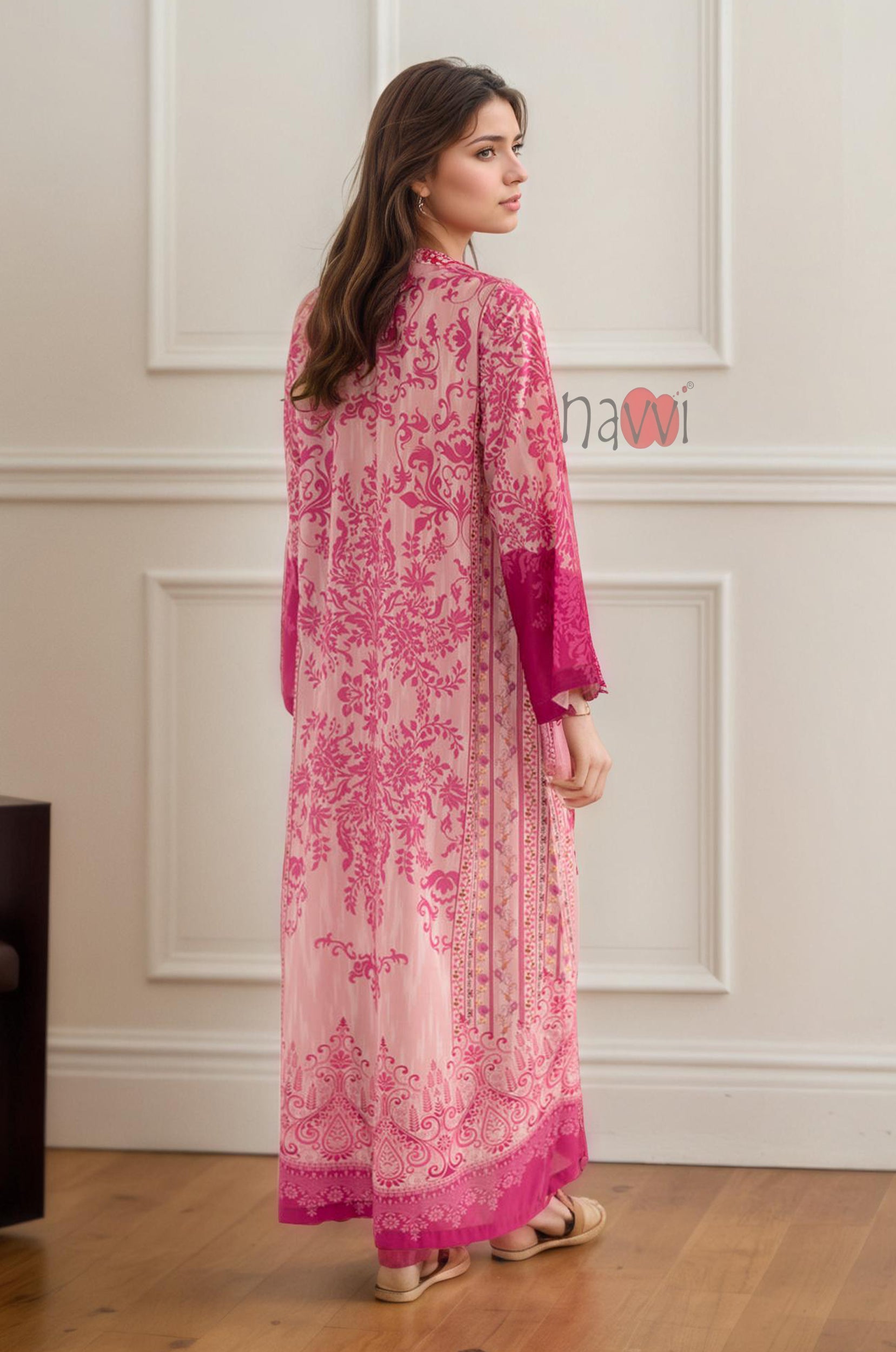 Rosewood Damask Long Dress With Statement Sleeves