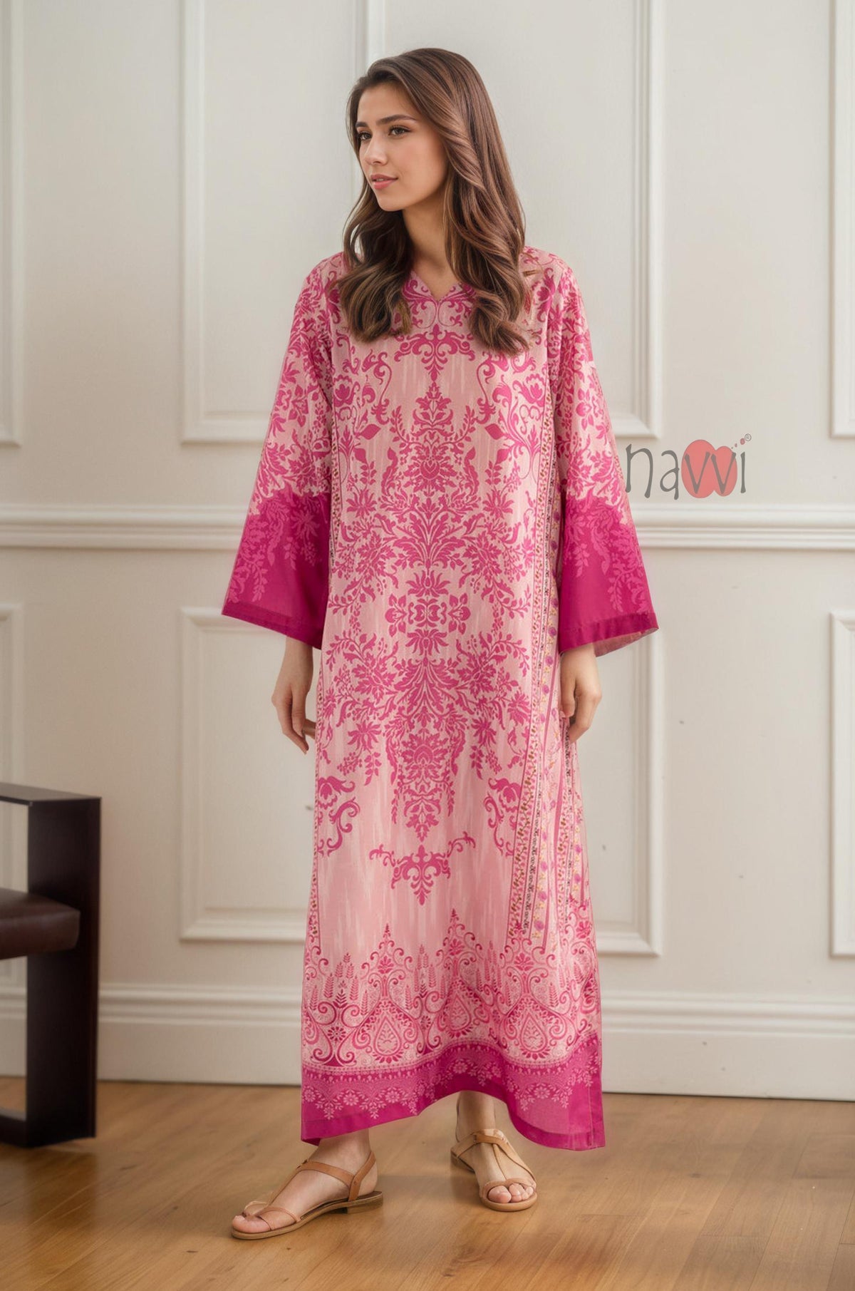 Rosewood Damask Long Dress With Statement Sleeves