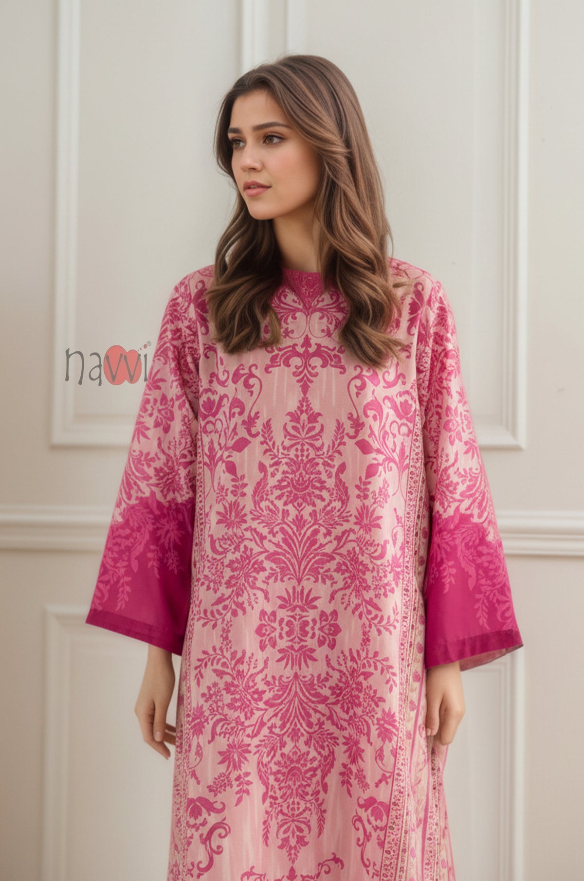 Rosewood Damask Long Dress With Statement Sleeves