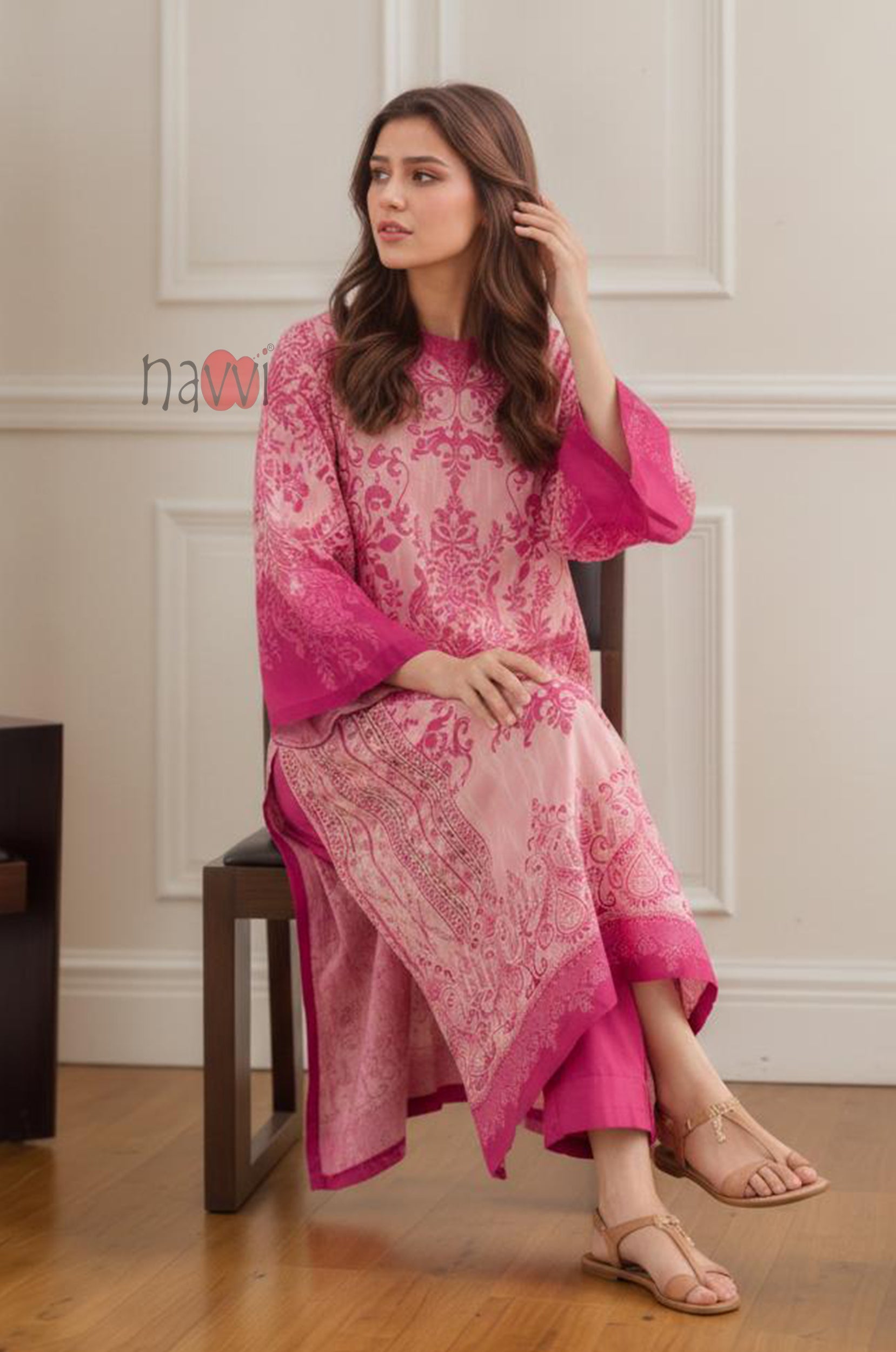 Rosewood Damask Long Dress With Statement Sleeves