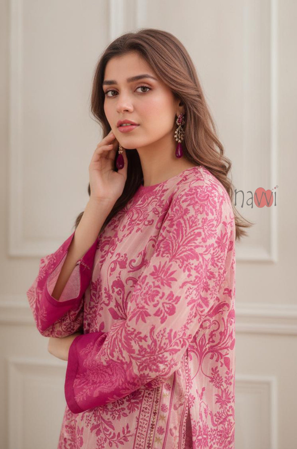 Rosewood Damask Long Dress With Statement Sleeves