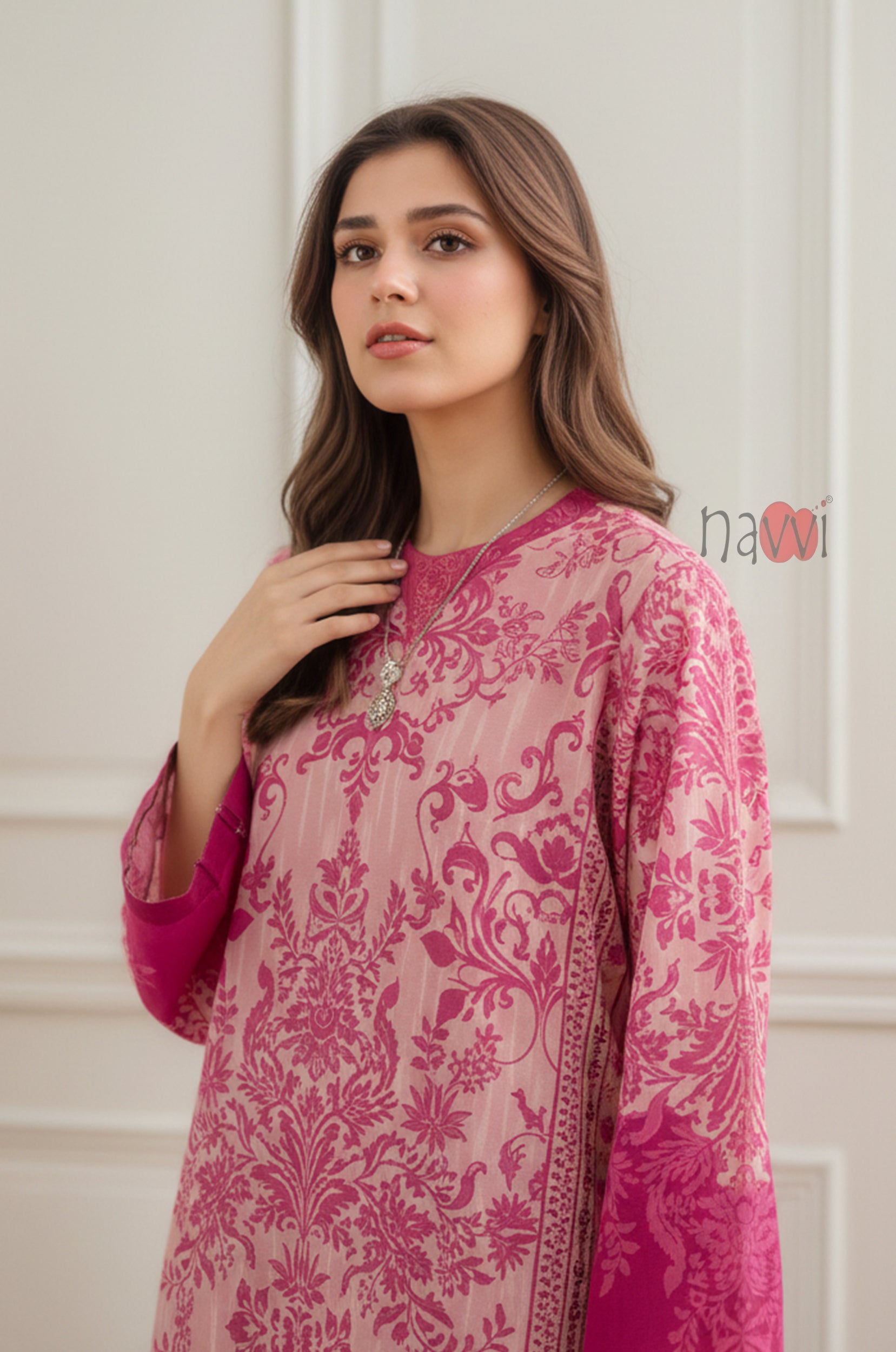 Rosewood Damask Long Dress With Statement Sleeves