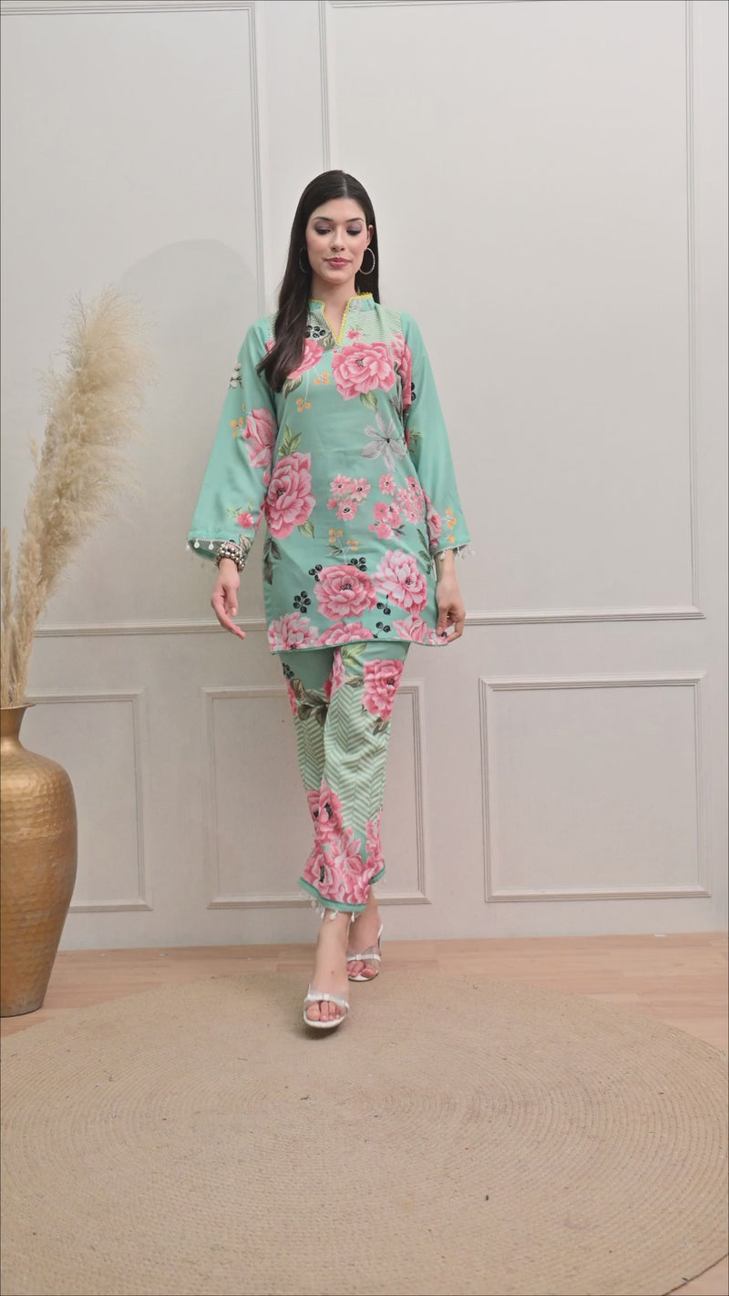 Mint Green Floral Printed Co-ord Set for Women