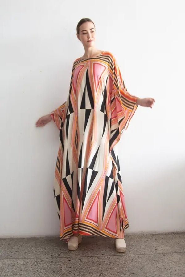 Printed Multicolour Long Kaftan Dress - Navvi.in