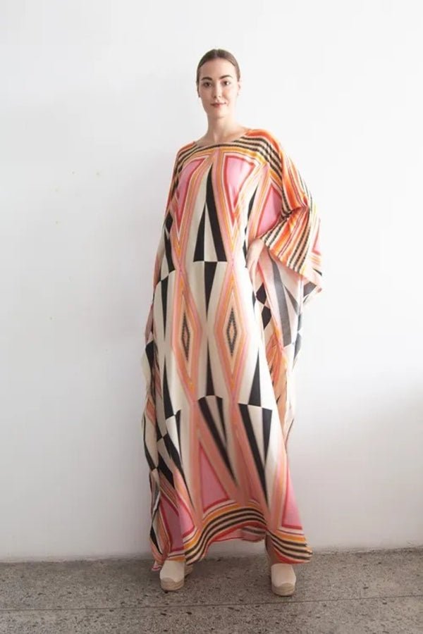 Printed Multicolour Long Kaftan Dress - Navvi.in