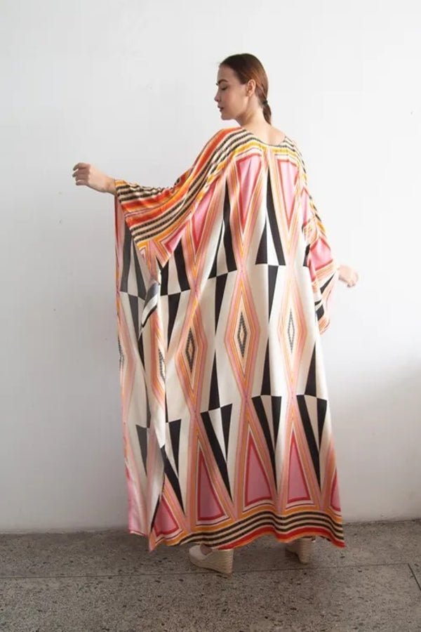 Printed Multicolour Long Kaftan Dress - Navvi.in