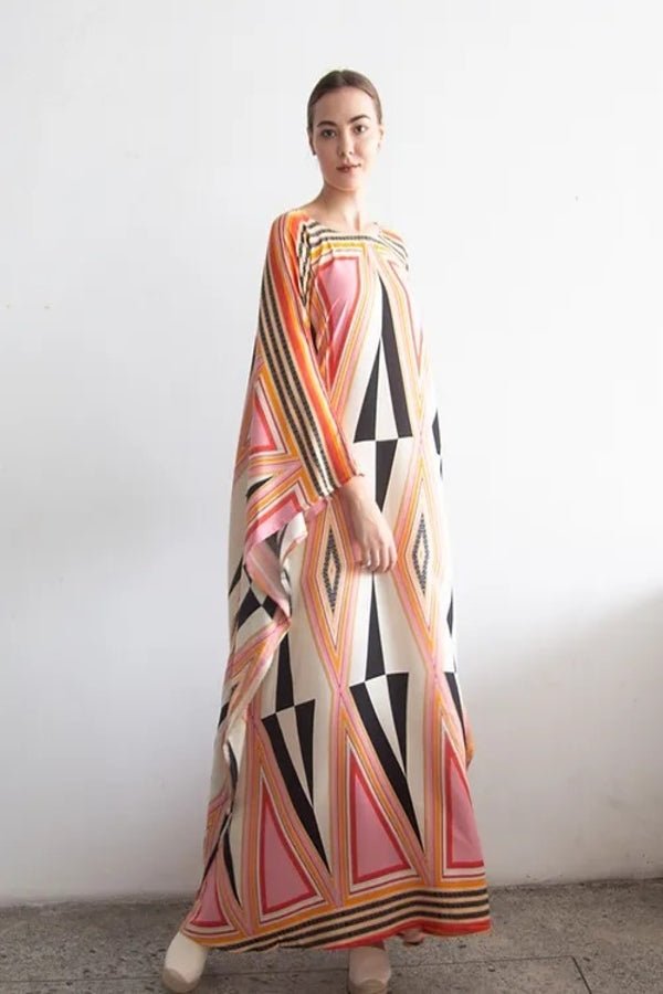Printed Multicolour Long Kaftan Dress - Navvi.in