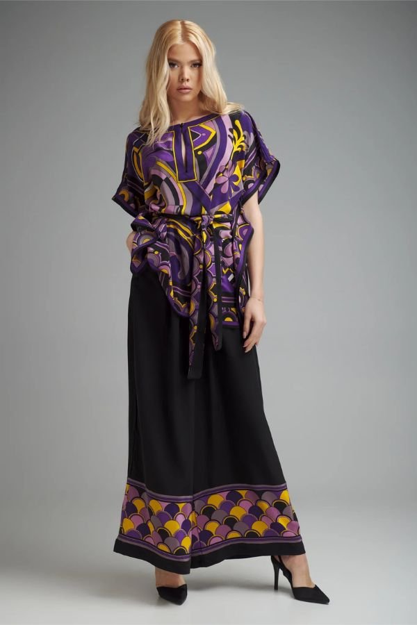 Purple Diamond Crepe Co - Ord Set With Belt - Navvi.in