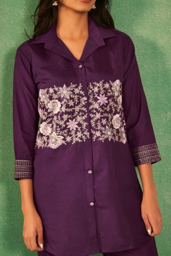 Purple Embroidery Co - Ord Set With Parallel Pants - Navvi.in