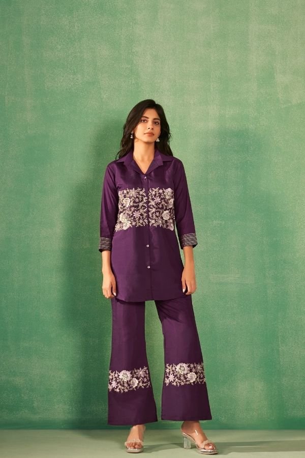 Purple Embroidery Co - Ord Set With Parallel Pants - Navvi.in