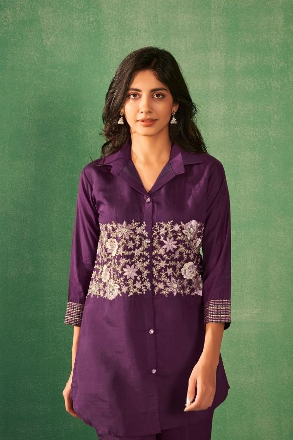 Purple Embroidery Co - Ord Set With Parallel Pants - Navvi.in