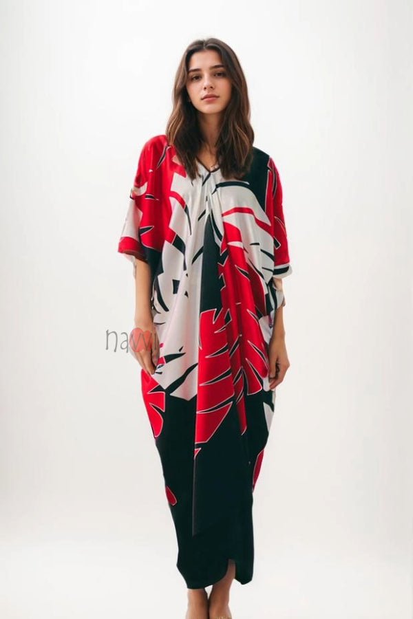 Red and White Palm Leaf Pattern Kaftan - Navvi.in