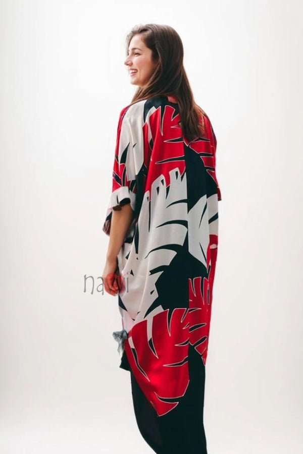 Red and White Palm Leaf Pattern Kaftan - Navvi.in