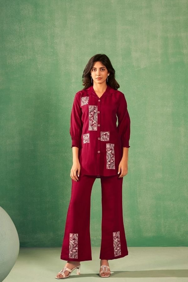 Red Co - Ord Set With Parallel Pants - Navvi.in