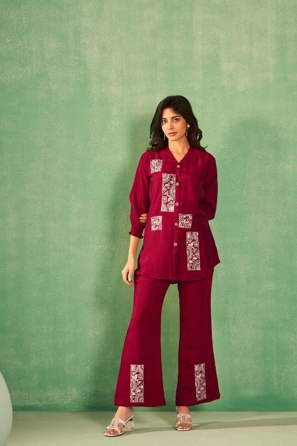 Red Co - Ord Set With Parallel Pants - Navvi.in