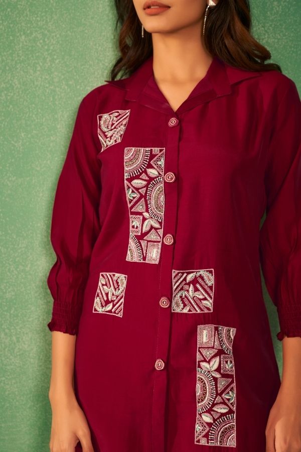 Red Co - Ord Set With Parallel Pants - Navvi.in