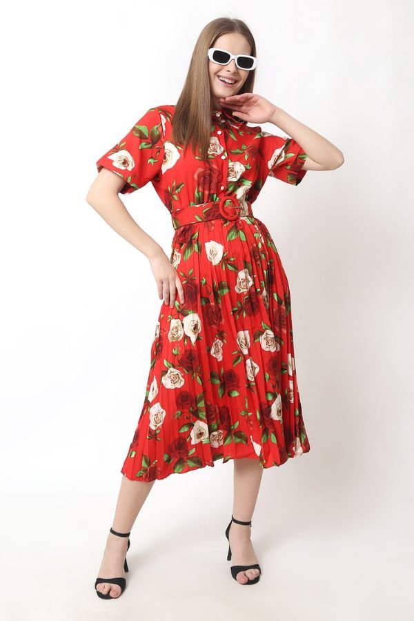 Red Floral Maxi Dress - Navvi.in