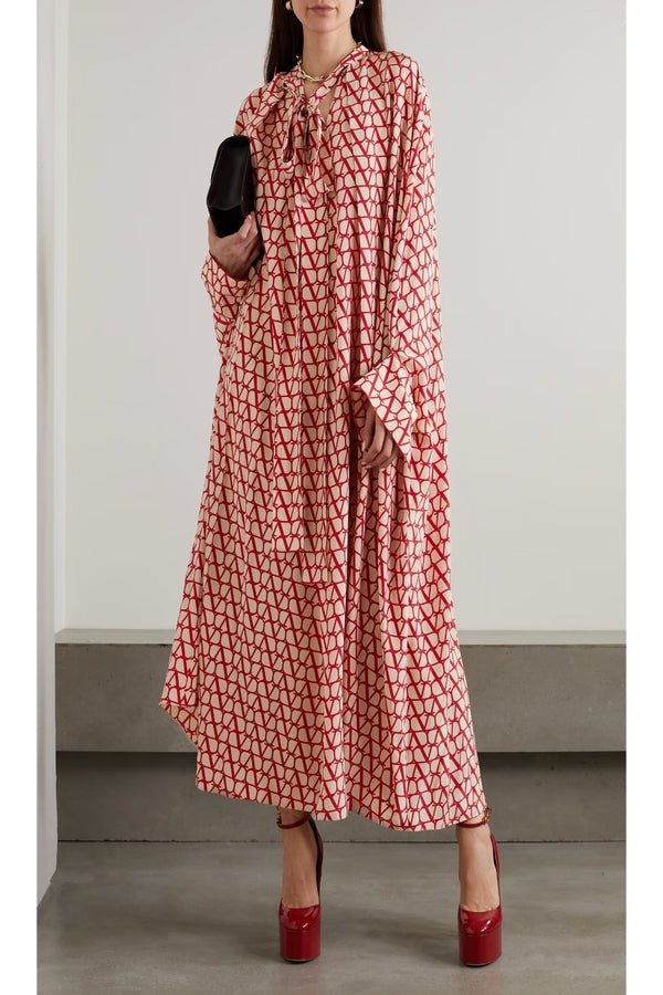 Red Geometric Printed Long Kaftan - Navvi.in