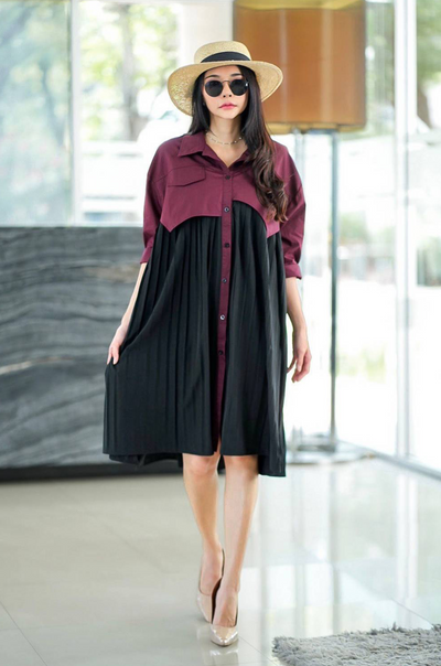 Two-Tone Button-Down Midi Shirt Dress