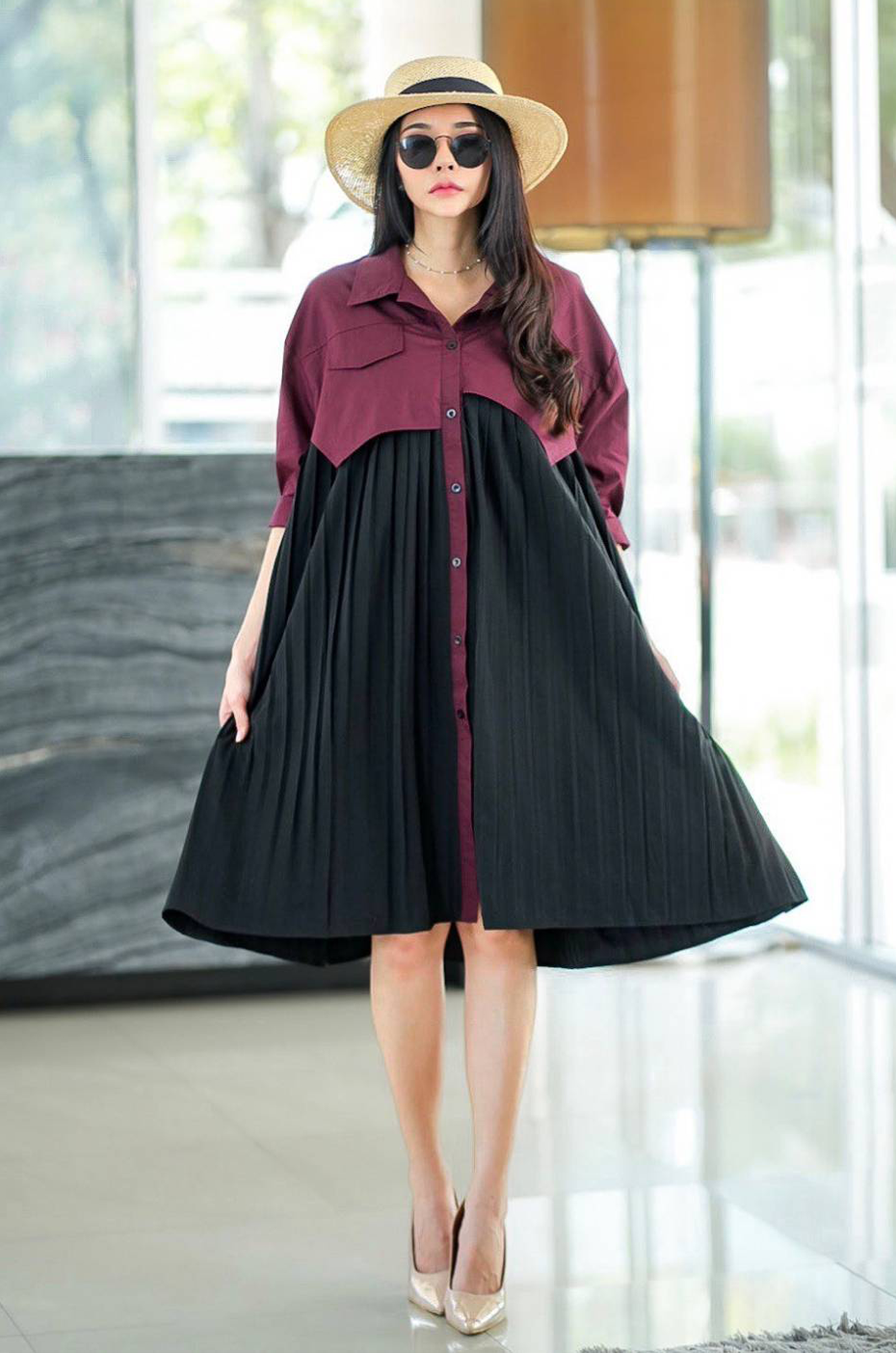 Two-Tone Button-Down Midi Shirt Dress